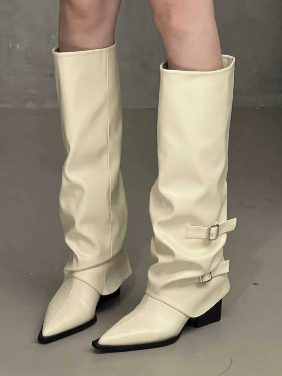 Ella1 | Biker Boots, Women, Pointed Toe, Block Heel, Buckle Strap, Slip On, Combat Boots,