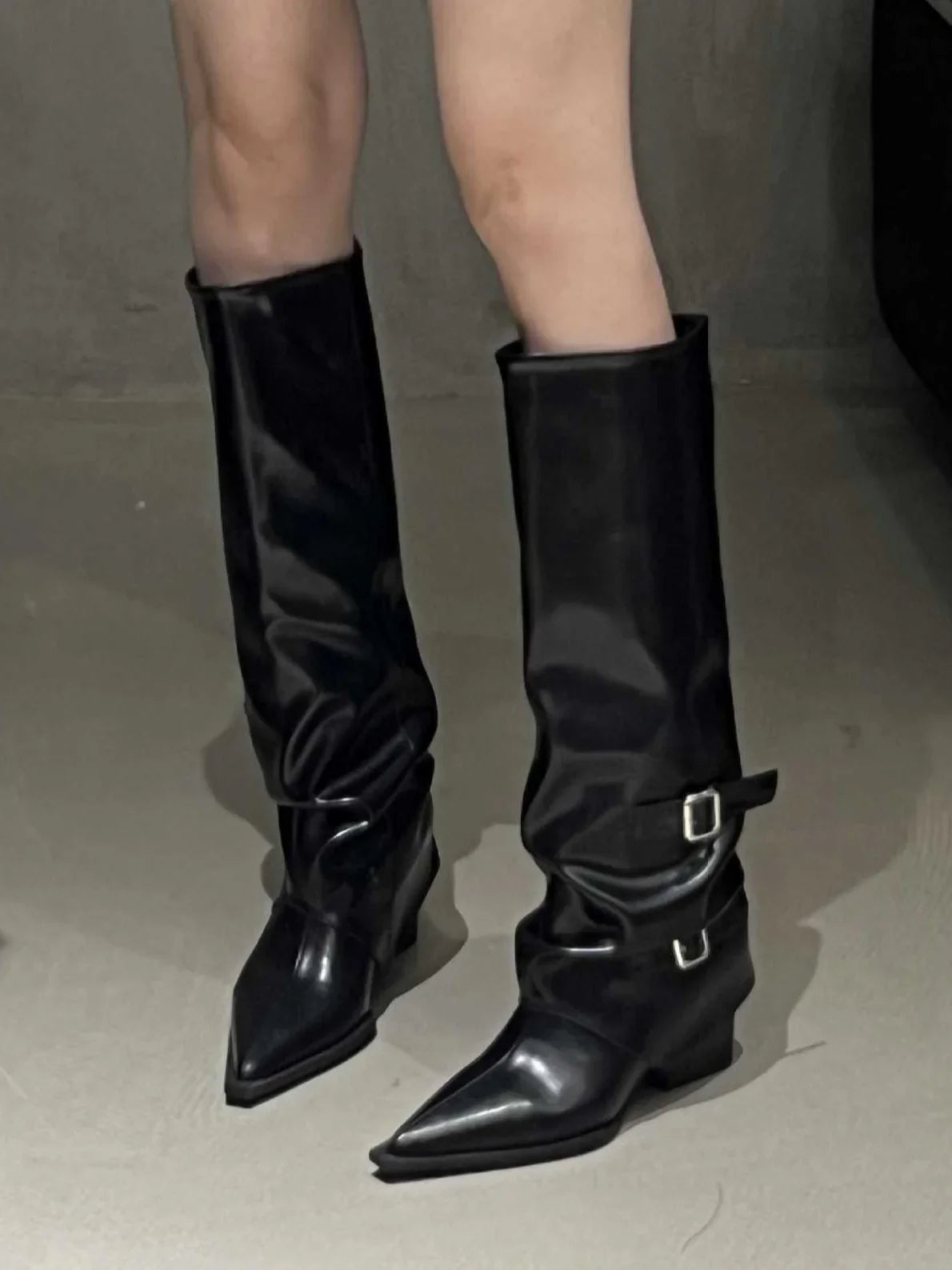 Ella1 | Biker Boots, Women, Pointed Toe, Block Heel, Buckle Strap, Slip On, Combat Boots,