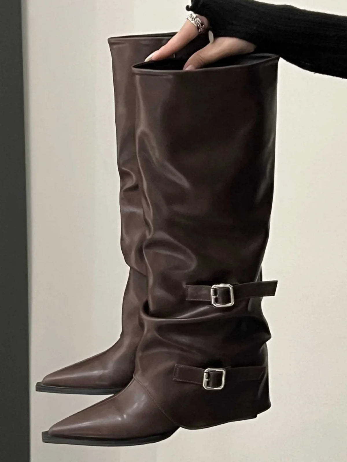 Ella1 | Biker Boots, Women, Pointed Toe, Block Heel, Buckle Strap, Slip On, Combat Boots,