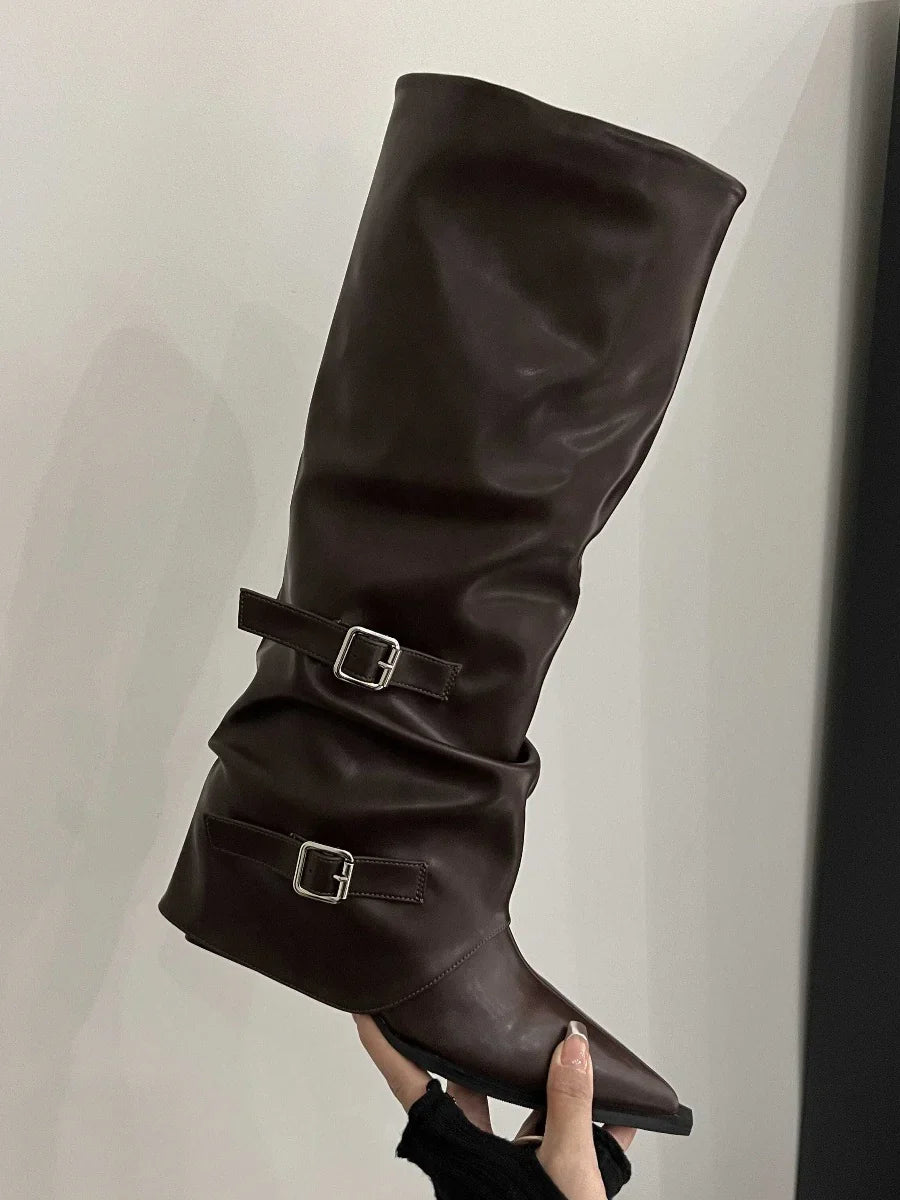 Ella1 | Biker Boots, Women, Pointed Toe, Block Heel, Buckle Strap, Slip On, Combat Boots,