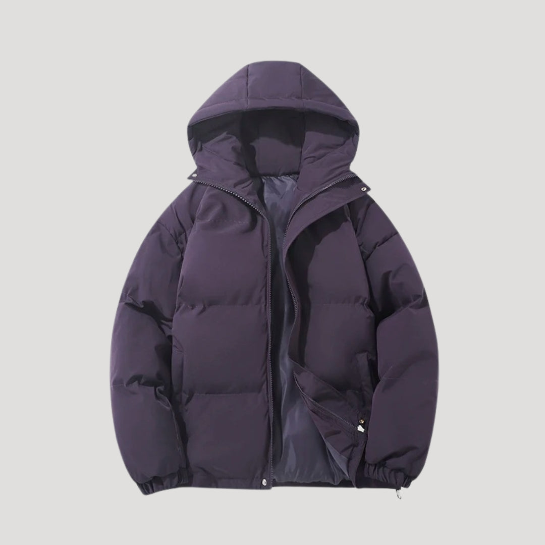 Petra insulated hooded puffer jacket for women by Christine Brewer in lilac, featuring a cozy hood and quilted design.