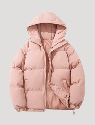 Pink Evelyn hooded puffer jacket for women by Christine Brewer, featuring insulation and a cozy hood.