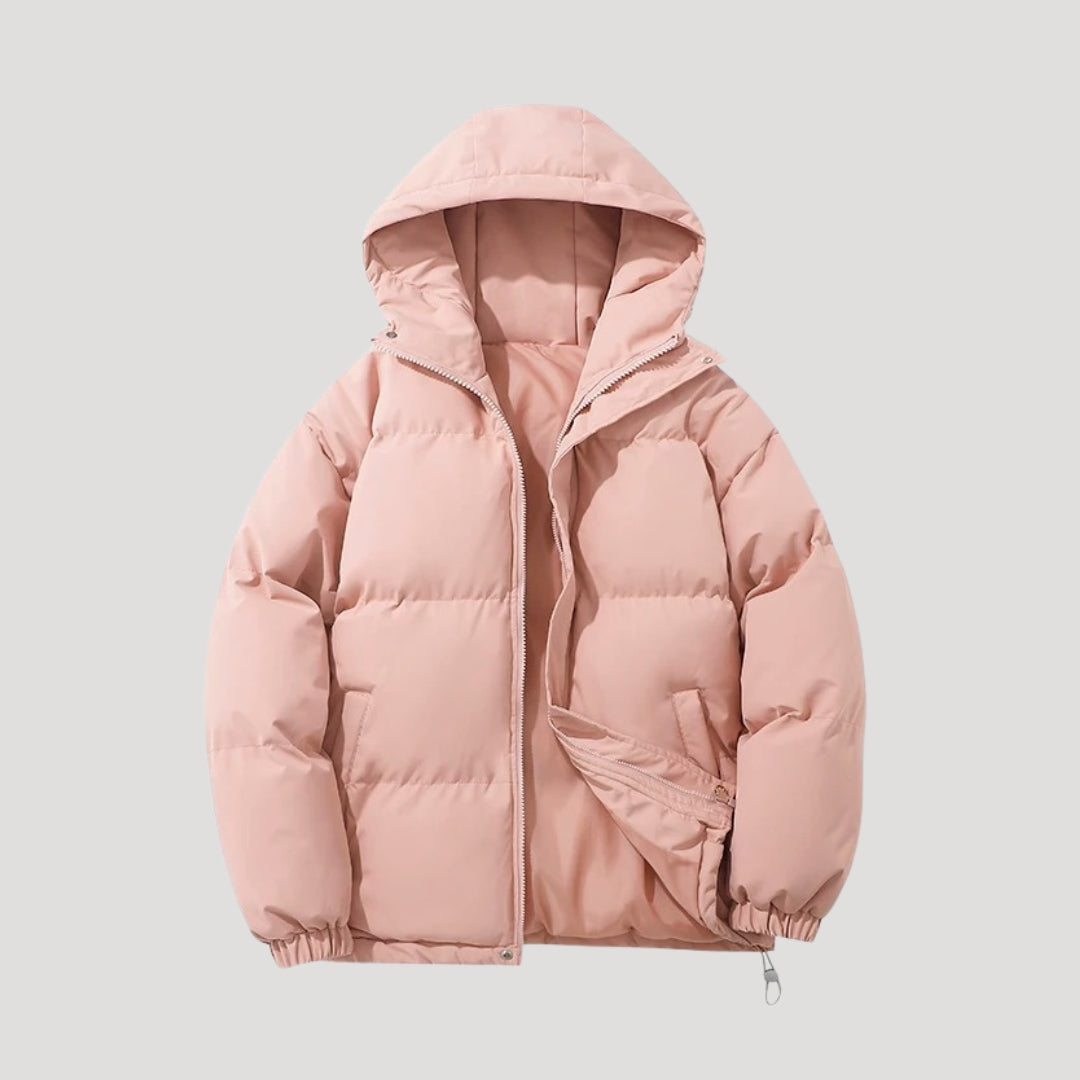 Pink Evelyn hooded puffer jacket for women by Christine Brewer, featuring insulation and a cozy hood.