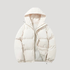 White Evelyn hooded puffer jacket for women by Christine Brewer, insulated and stylish for cold weather.