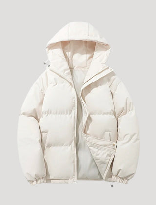 White Evelyn hooded puffer jacket for women by Christine Brewer, insulated and stylish for cold weather.