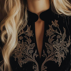 Black velvet long sleeve V-neck top with embroidered design by Christine Brewer, stylish T-shirt with intricate embroidery.