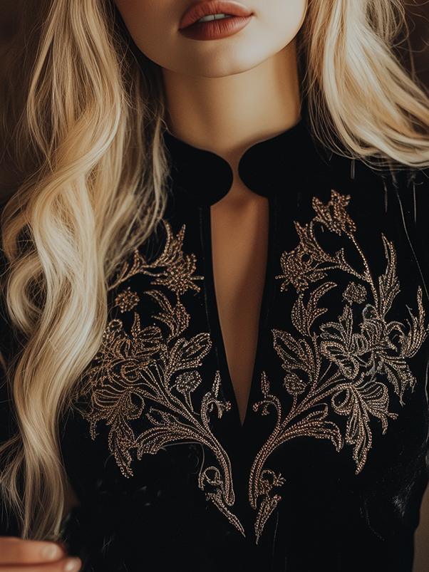 Black velvet long sleeve V-neck top with embroidered design by Christine Brewer, stylish T-shirt with intricate embroidery.