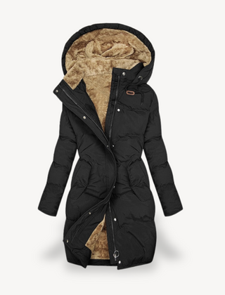 Black Mia long hooded puffer jacket for women by Christine Brewer, featuring a cozy hood and quilted design for warmth.