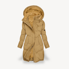 Brown Mia long hooded puffer jacket for women by Christine Brewer, showcasing the quilted design and cozy hood detail.