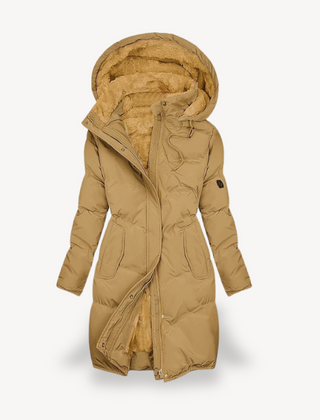 Brown Mia long hooded puffer jacket for women by Christine Brewer, showcasing the quilted design and cozy hood detail.