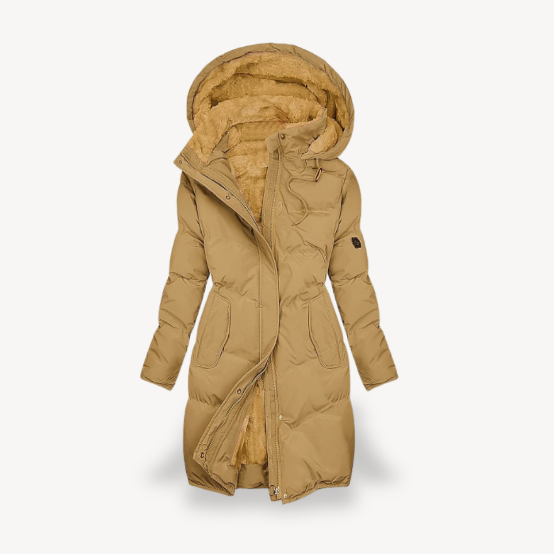 Brown Mia long hooded puffer jacket for women by Christine Brewer, showcasing the quilted design and cozy hood detail.