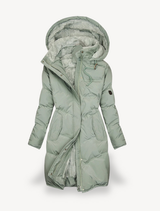 Green Mia long hooded puffer jacket for women by Christine Brewer, featuring a stylish, insulated winter jacket with a hood.
