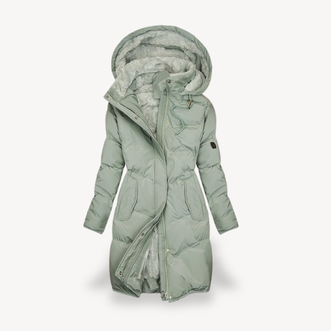 Green Mia long hooded puffer jacket for women by Christine Brewer, featuring a stylish, insulated winter jacket with a hood.
