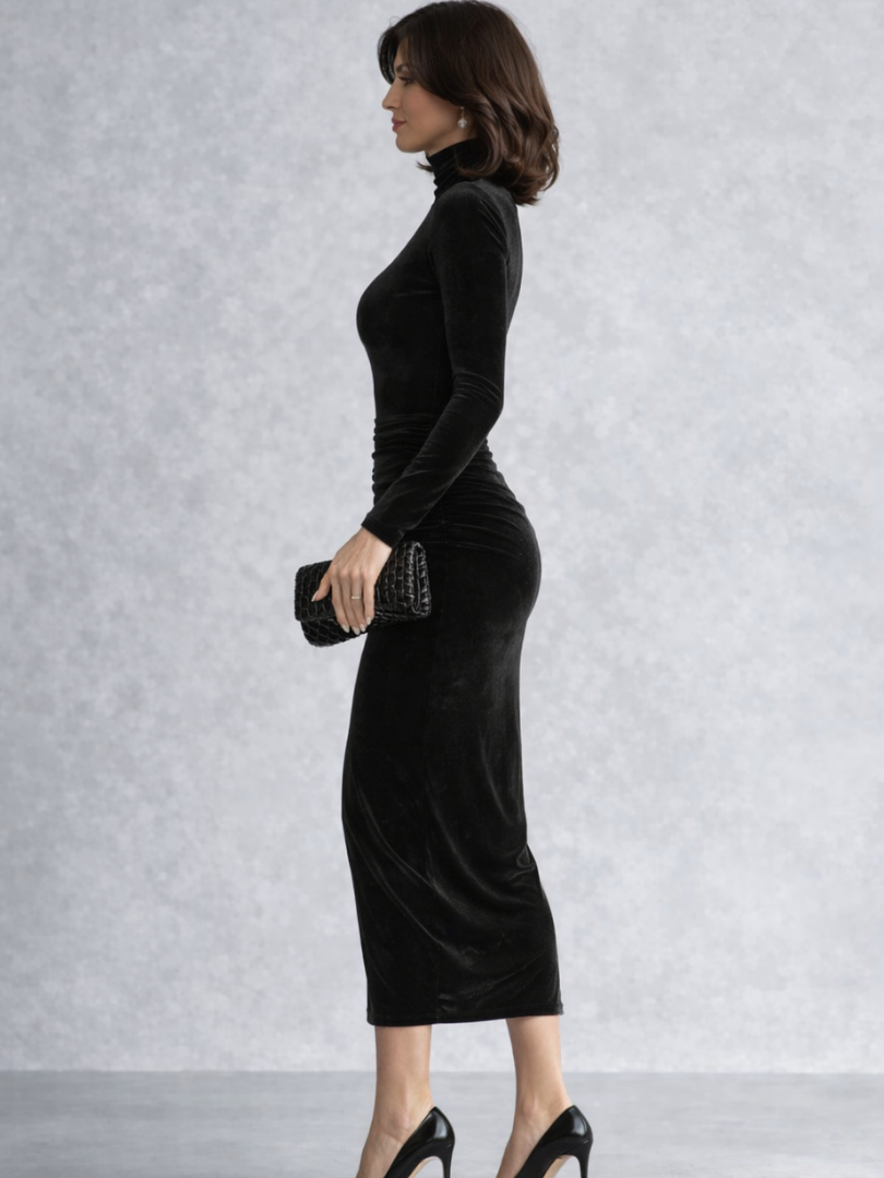 Helene | Black Velvet Midi Dress for Women