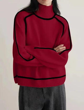 Red Clara turtleneck sweater for women by Christine Brewer, showcasing a cozy autumn knit design.
