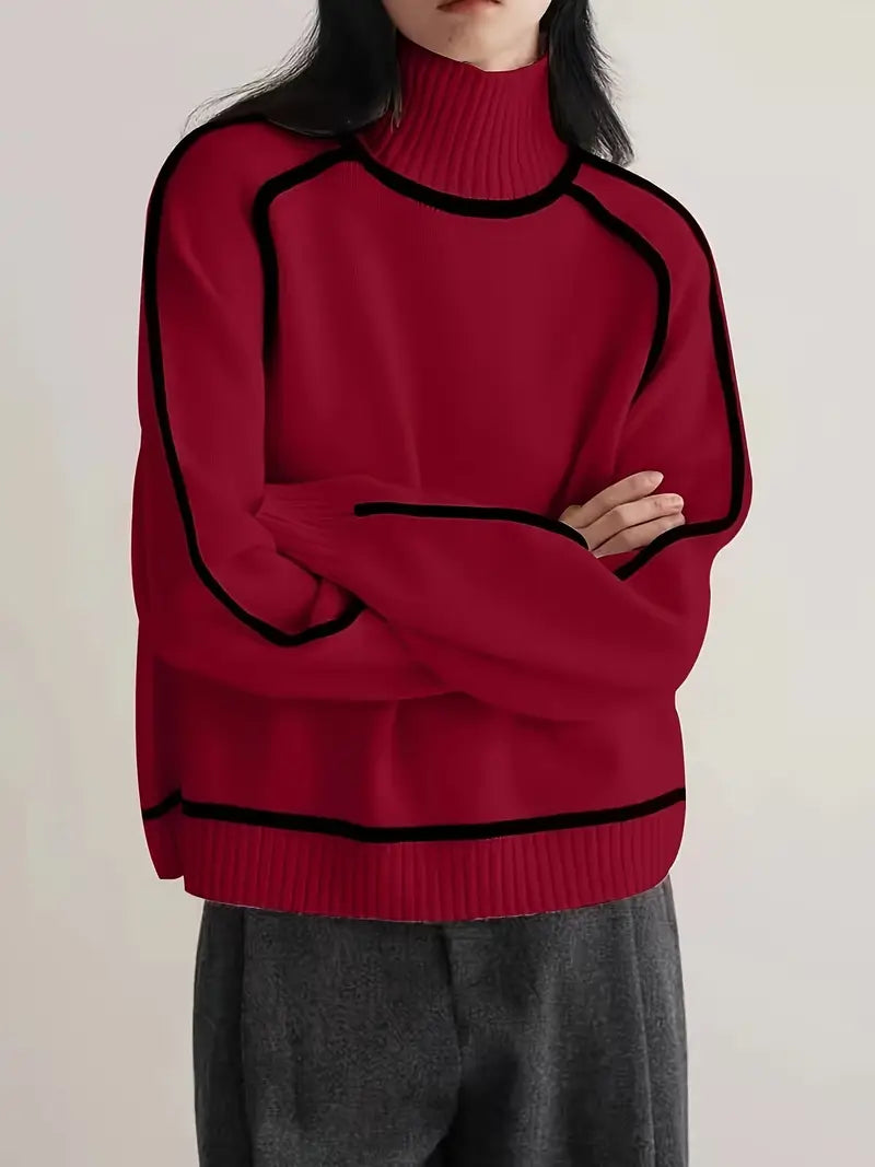 Red Clara turtleneck sweater for women by Christine Brewer, showcasing a cozy autumn knit design.