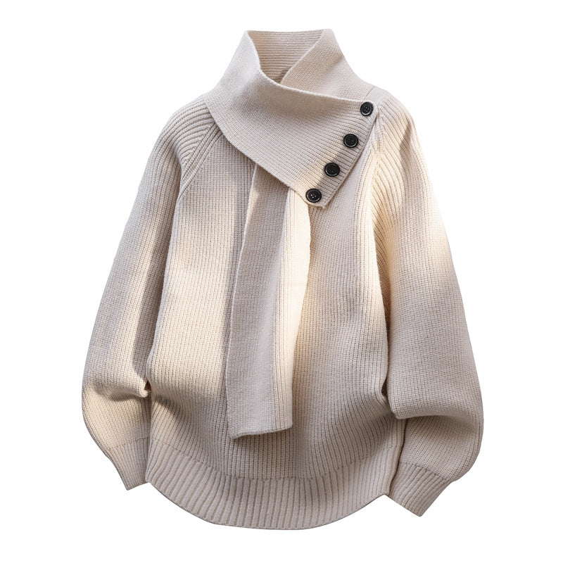 Christine Brewer Nina ribbed scarf neck sweater for women, showing a cozy, knit sweater with ribbed detailing and a stylish scarf collar.