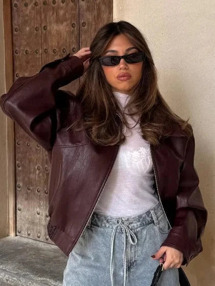 Romy oversized faux leather jacket for women by Christine Brewer, featuring a stylish and trendy jacket with a relaxed fit.