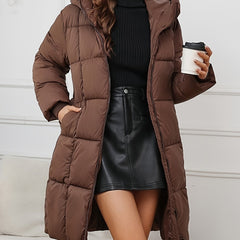 Rosalie mid-length hooded puffer jacket for women by Christine Brewer, featuring a quilted design and cozy hood for winter warmth.