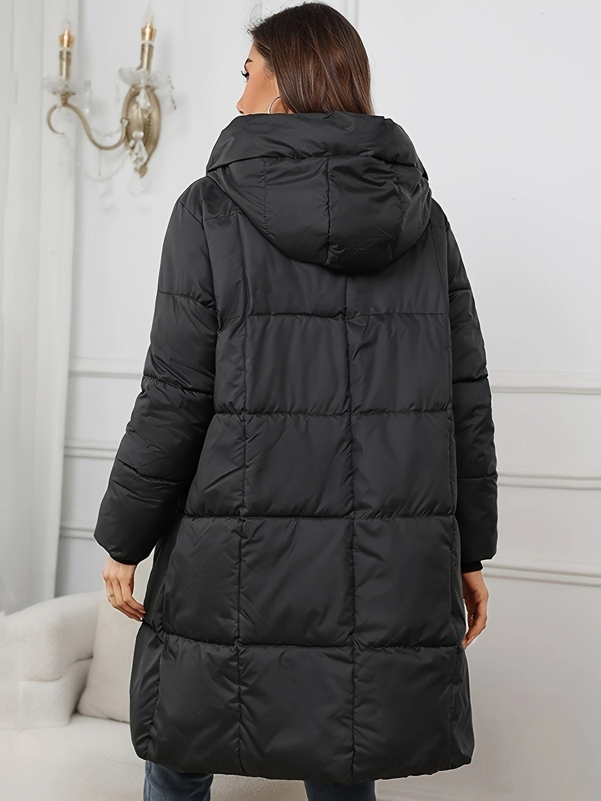Rosalie mid-length hooded puffer jacket for women by Christine Brewer, featuring a quilted design and cozy hood for cold weather.