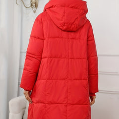 Mid-length hooded puffer jacket for women by Christine Brewer, featuring a quilted design and a cozy hood for cold weather.