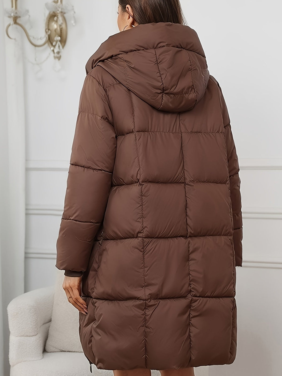 Rosalie mid-length hooded puffer jacket for women by Christine Brewer, featuring a quilted design and cozy hood.