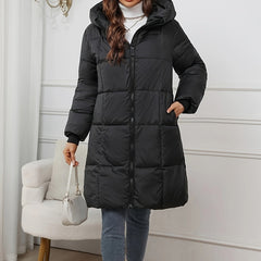 Black Harper hooded puffer jacket for women by Christine Brewer, mid-length design with a cozy hood and quilted insulation.