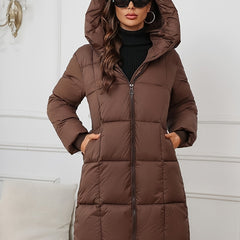 Brown Harper hooded puffer jacket for women by Christine Brewer, mid-length with a warm, padded design and hood.