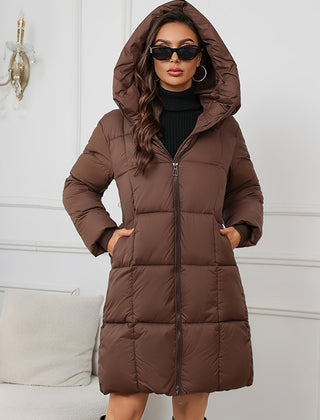 Brown Harper hooded puffer jacket for women by Christine Brewer, mid-length with a warm, padded design and hood.