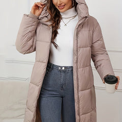 Mid-length khaki hooded puffer jacket for women by Christine Brewer, featuring a cozy hood and quilted design.