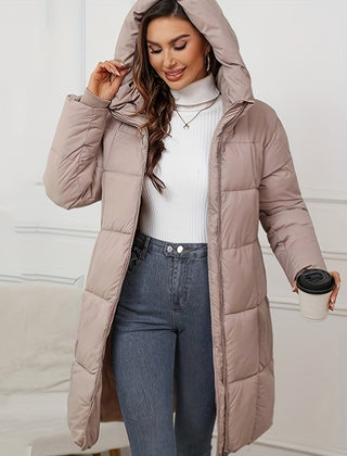 Mid-length khaki hooded puffer jacket for women by Christine Brewer, featuring a cozy hood and quilted design.