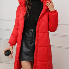 Red Harper hooded puffer jacket for women by Christine Brewer, mid-length style with a cozy hood and quilted design.