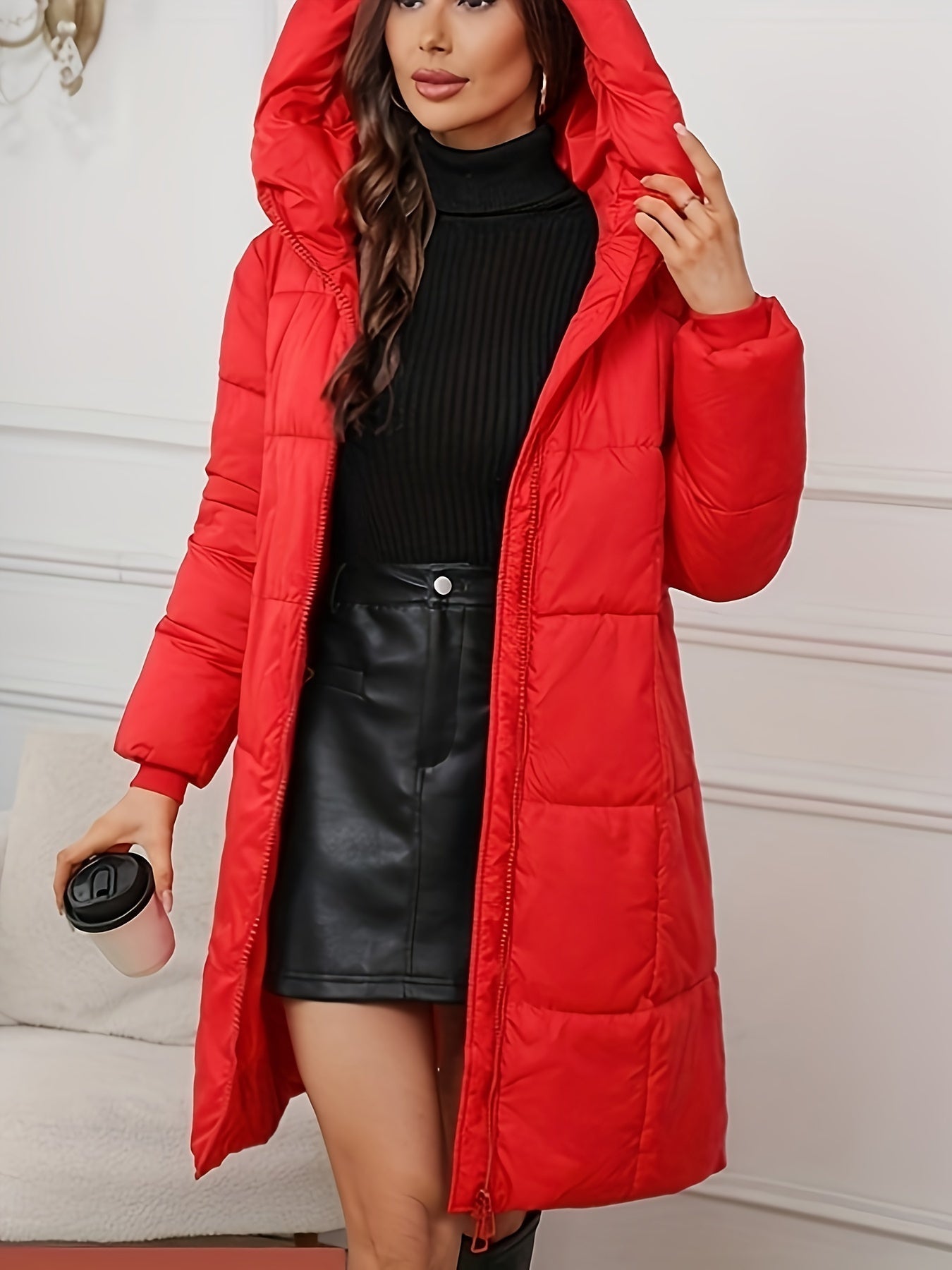 Red Harper hooded puffer jacket for women by Christine Brewer, mid-length style with a cozy hood and quilted design.