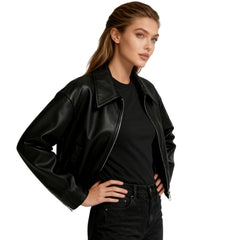 Hannah cropped faux leather jacket for women by Christine Brewer, featuring a stylish fitted design and classic black color.