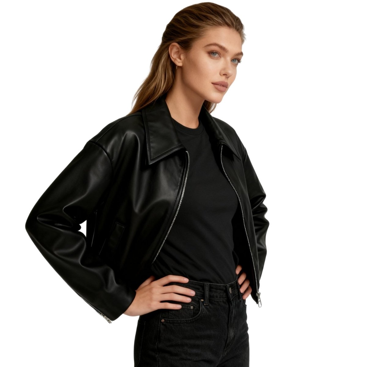 Hannah cropped faux leather jacket for women by Christine Brewer, featuring a stylish fitted design and classic black color.
