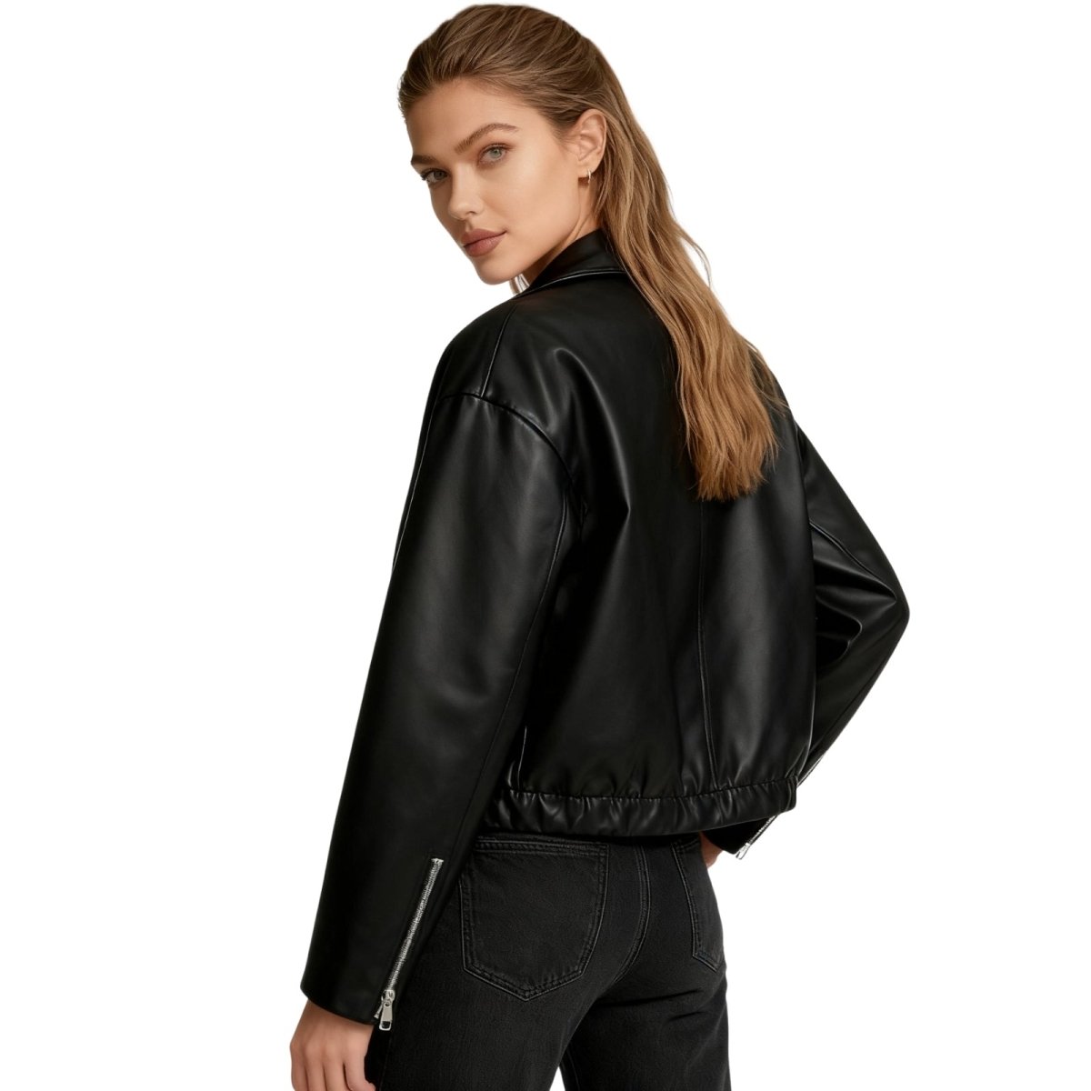 Cropped faux leather jacket for women by Christine Brewer, featuring a stylish fit and classic collar detail.