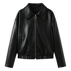 Rose-colored cropped faux leather jacket for women by Christine Brewer, shown on a model with a stylish, modern fit.