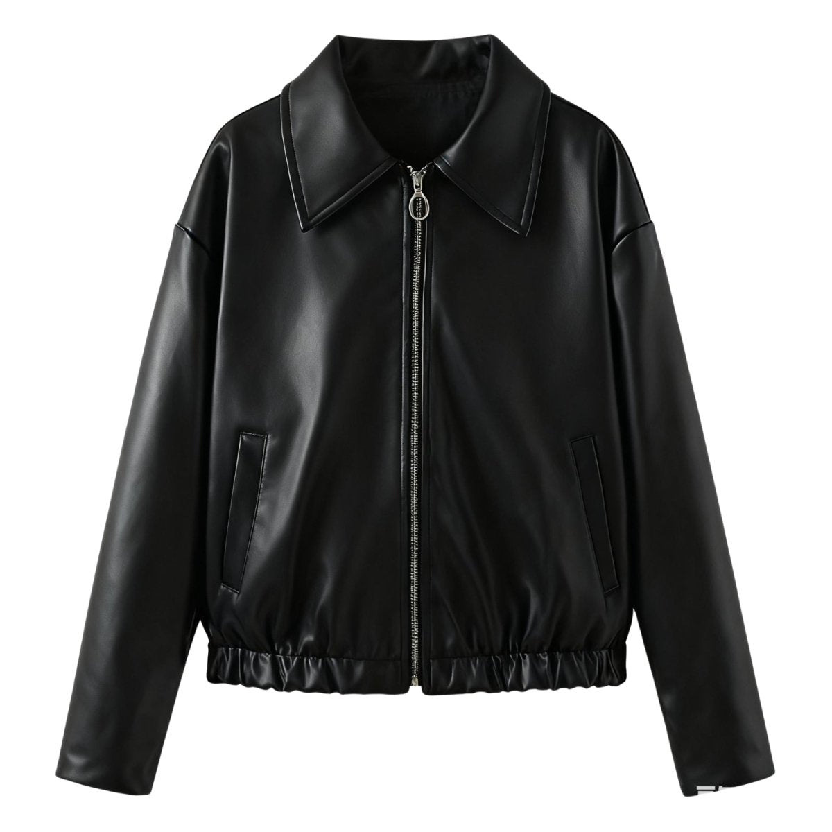 Rose-colored cropped faux leather jacket for women by Christine Brewer, shown on a model with a stylish, modern fit.