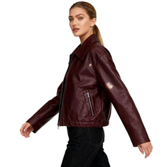 Hannah Cropped Faux Leather Jacket for Women by Christine Brewer, featuring a stylish cropped design and smooth faux leather texture.