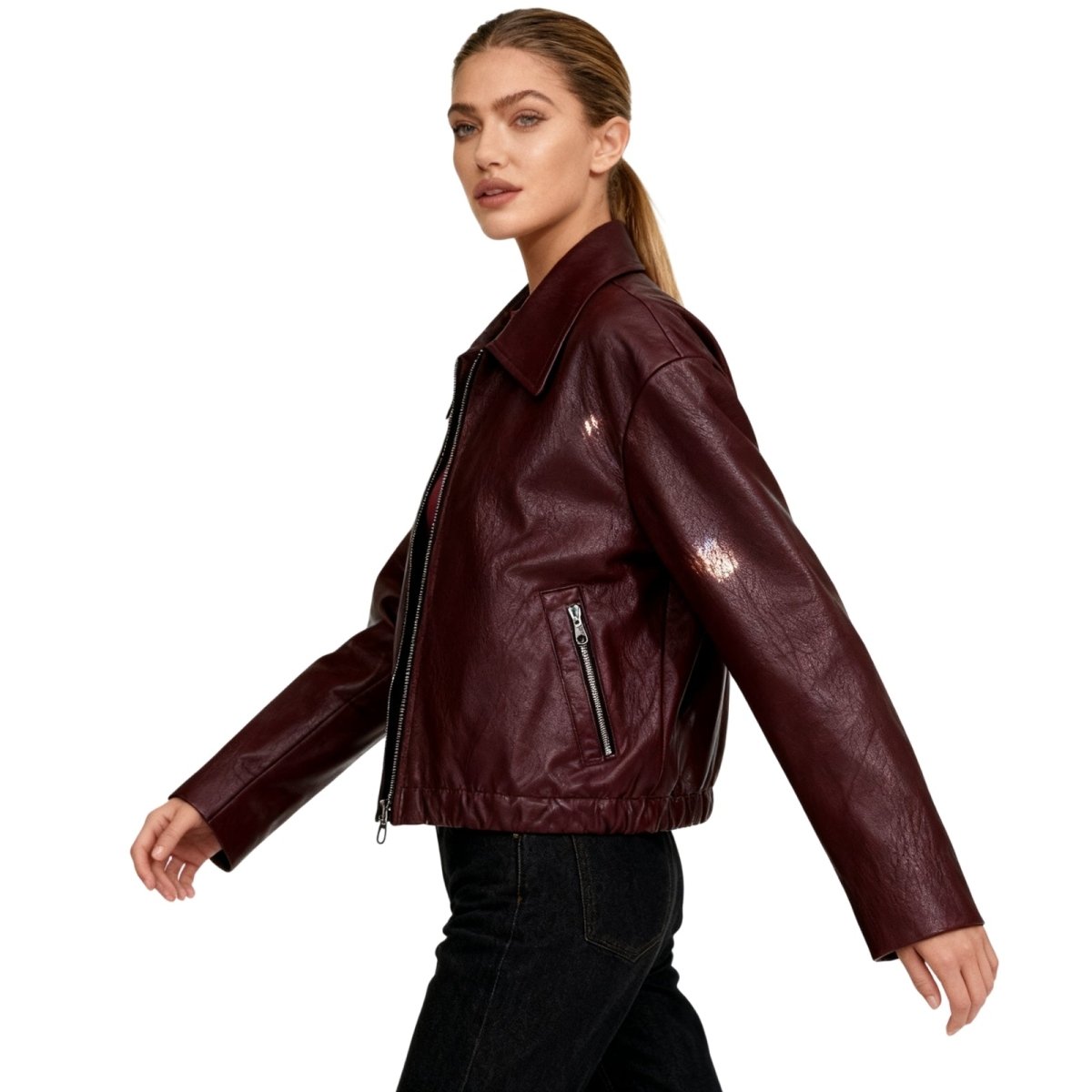 Hannah Cropped Faux Leather Jacket for Women by Christine Brewer, featuring a stylish cropped design and smooth faux leather texture.