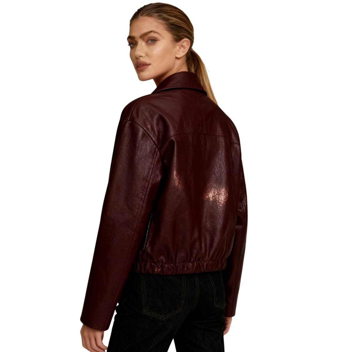 Hannah cropped faux leather jacket for women by Christine Brewer, shown in black with sleek fit and classic collar detail.