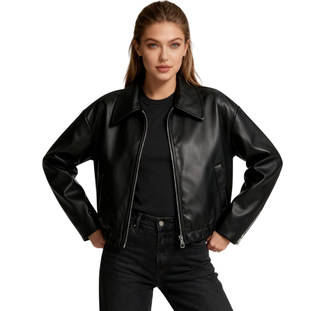 Black cropped faux leather jacket for women from Christine Brewer's Hannah collection, styled with a modern, edgy look.