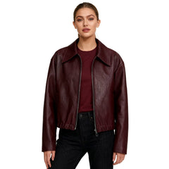 Burgundy Hannah cropped faux leather jacket for women by Christine Brewer, showcasing its fitted style and sleek texture.