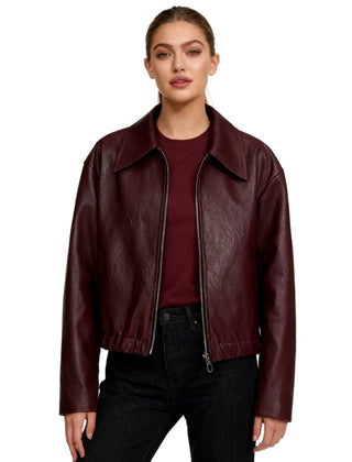 Burgundy Hannah cropped faux leather jacket for women by Christine Brewer, showcasing its fitted style and sleek texture.