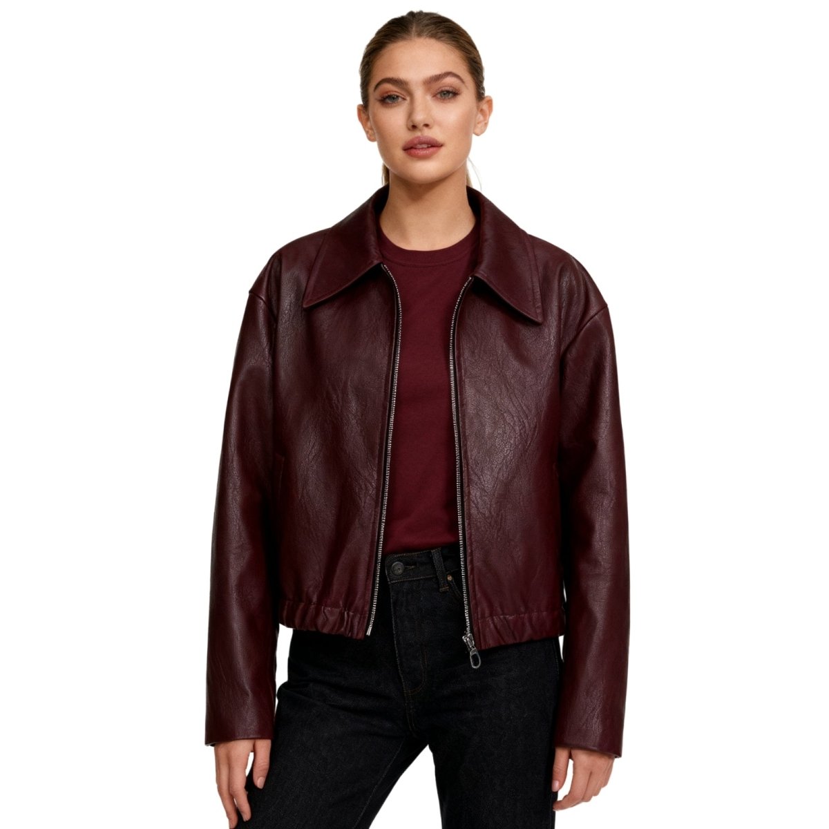 Burgundy Hannah cropped faux leather jacket for women by Christine Brewer, showcasing its fitted style and sleek texture.