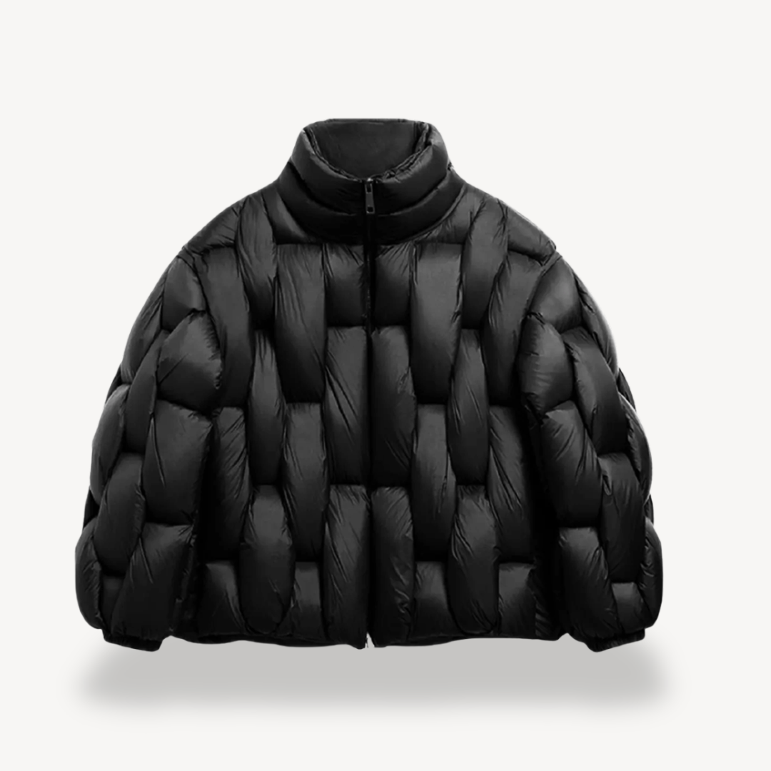 Sage plush puffer jacket for women by Christine Brewer, featuring a cozy, stylish design with a black color and quilted texture.