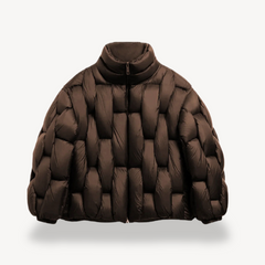 Sage plush puffer jacket for women by Christine Brewer, featuring a cozy, quilted design and brown accents.