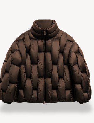 Sage plush puffer jacket for women by Christine Brewer, featuring a cozy, quilted design and brown accents.