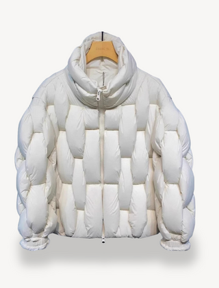 Sage plush puffer jacket for women by Christine Brewer, featuring a cozy and stylish design, shown in the image.