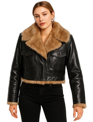 Violet cropped faux leather aviator jacket for women by Christine Brewer, featuring classic aviator style and silver hardware.